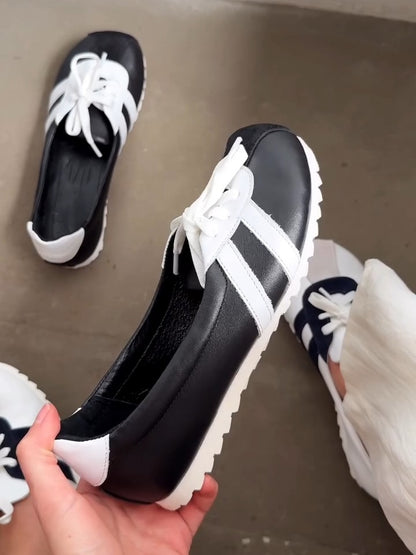 Black And White Lace-Up Casual Loafers