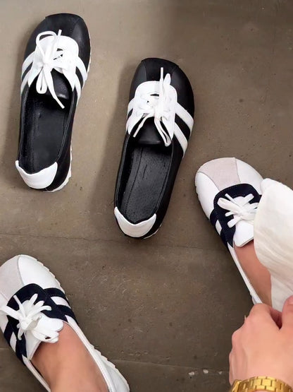 Black And White Lace-Up Casual Loafers