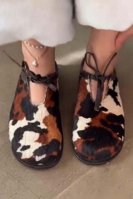 Cow Print Ankle Tie Flats