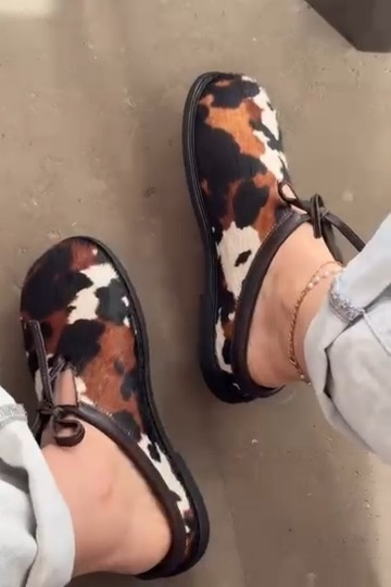Cow Print Ankle Tie Flats