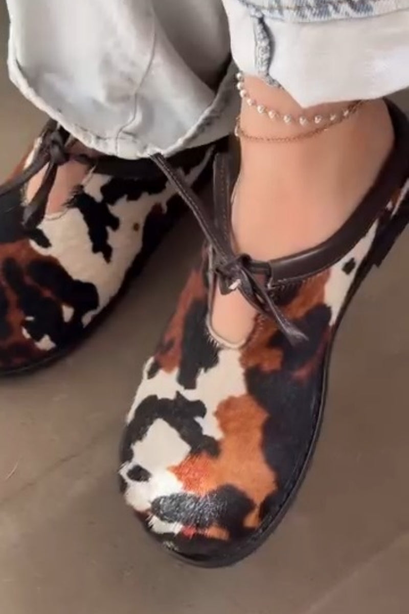 Cow Print Ankle Tie Flats