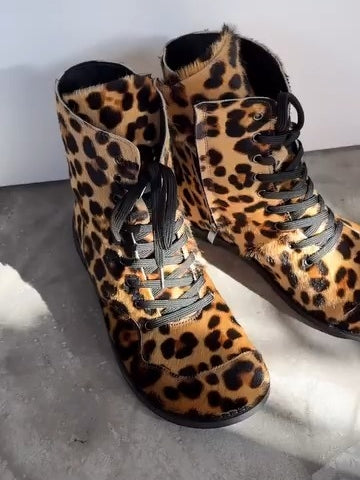 Leopard Print Leather-Trim Combat Boots