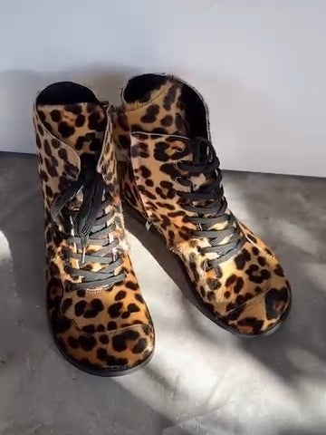 Leopard Print Leather-Trim Combat Boots