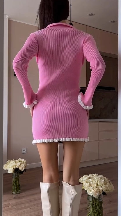 Pink Knit Sweater Dress With Ruffle Details
