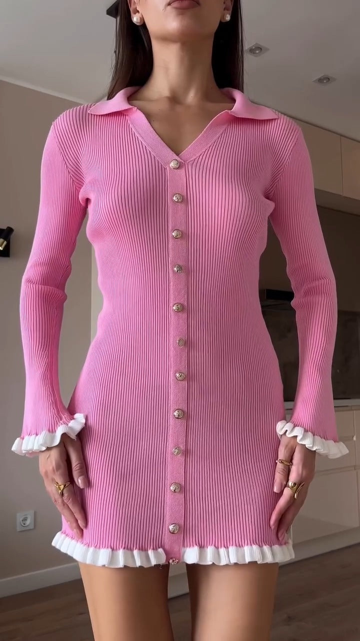 Pink Knit Sweater Dress With Ruffle Details