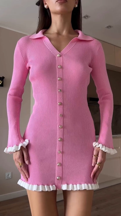 Pink Knit Sweater Dress With Ruffle Details