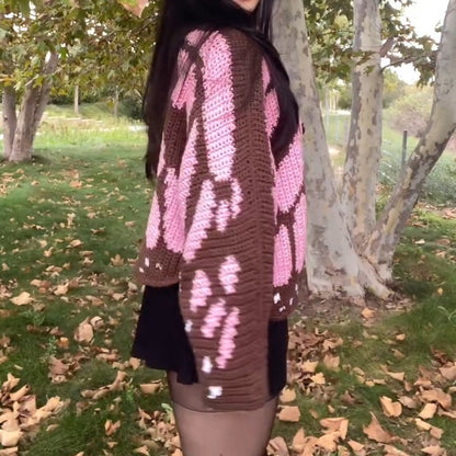 Pink And Brown Cable Knit Cardigan Sweater