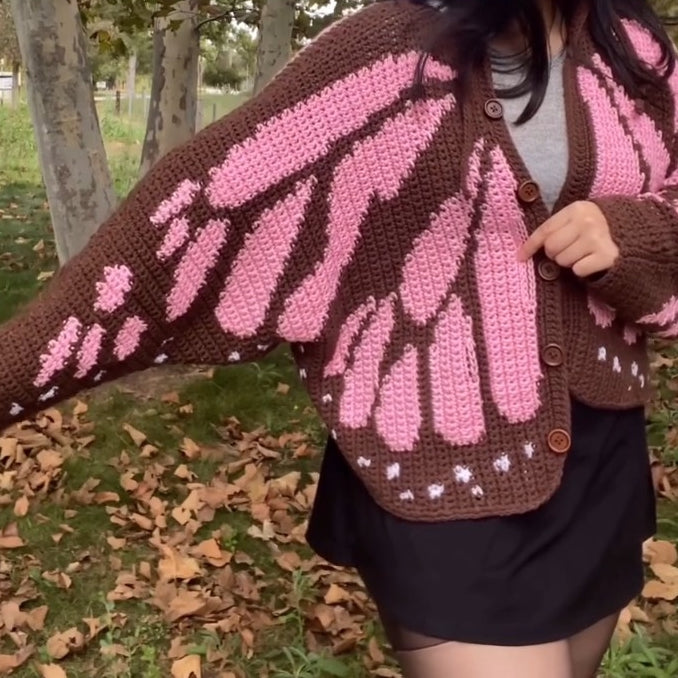 Pink And Brown Cable Knit Cardigan Sweater