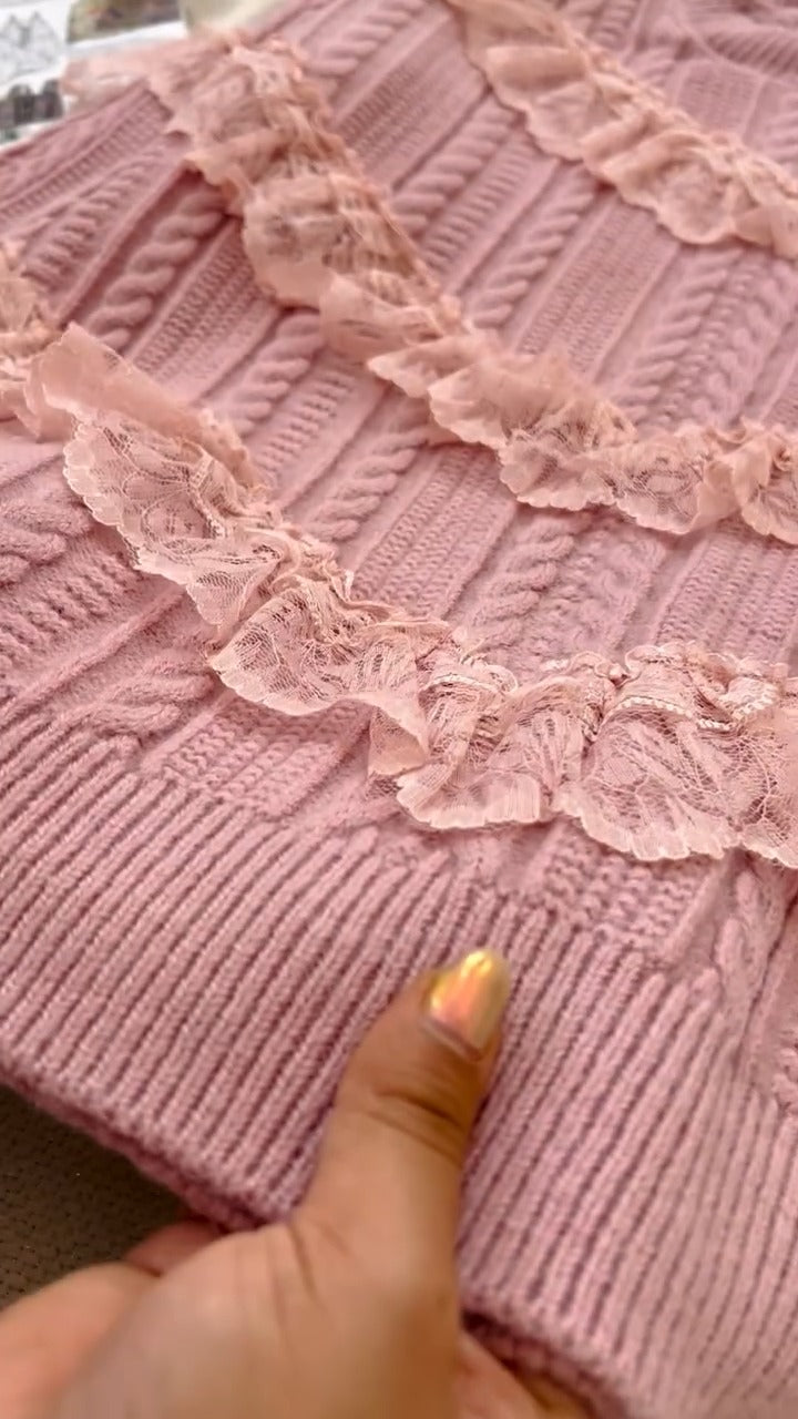 Knit Sweater With Lace Stripes