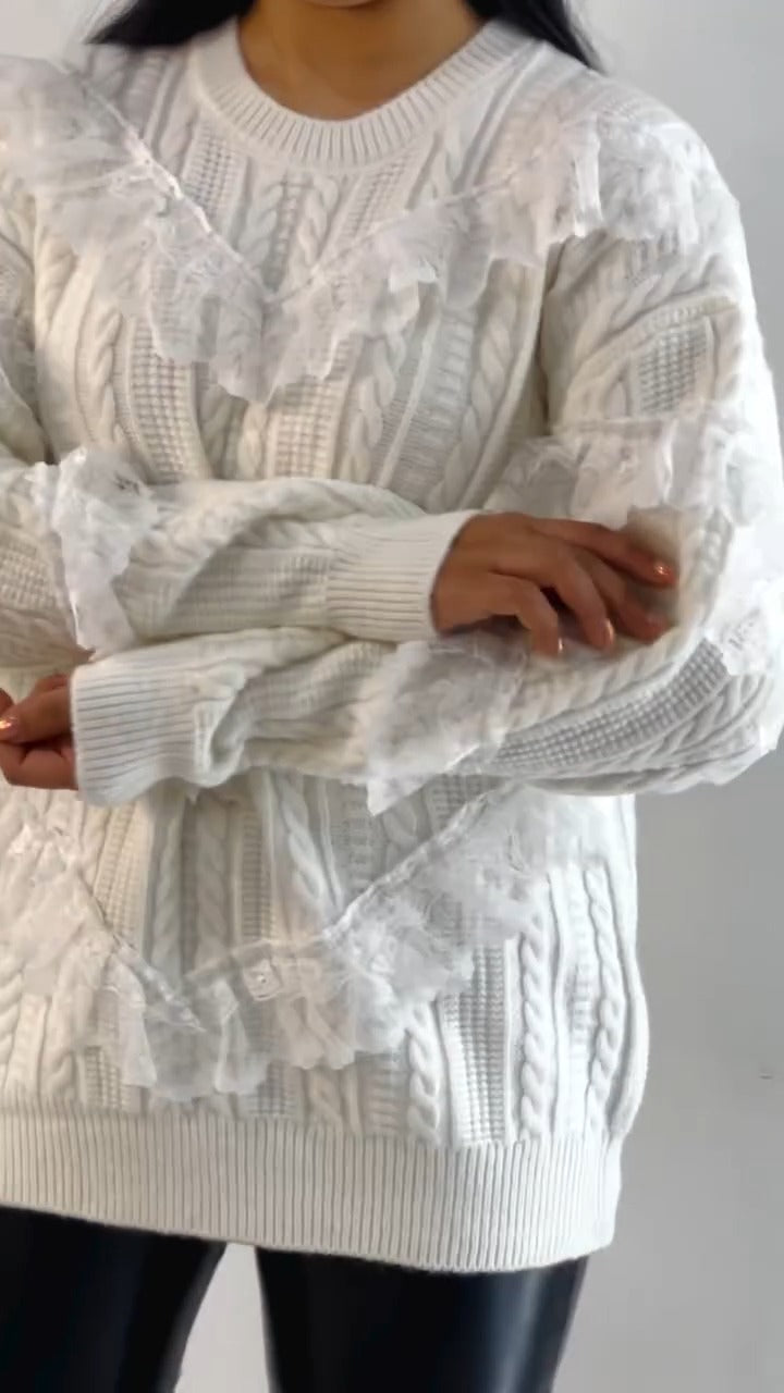 Knit Sweater With Lace Stripes