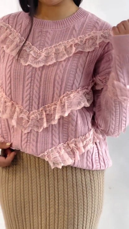 Knit Sweater With Lace Stripes