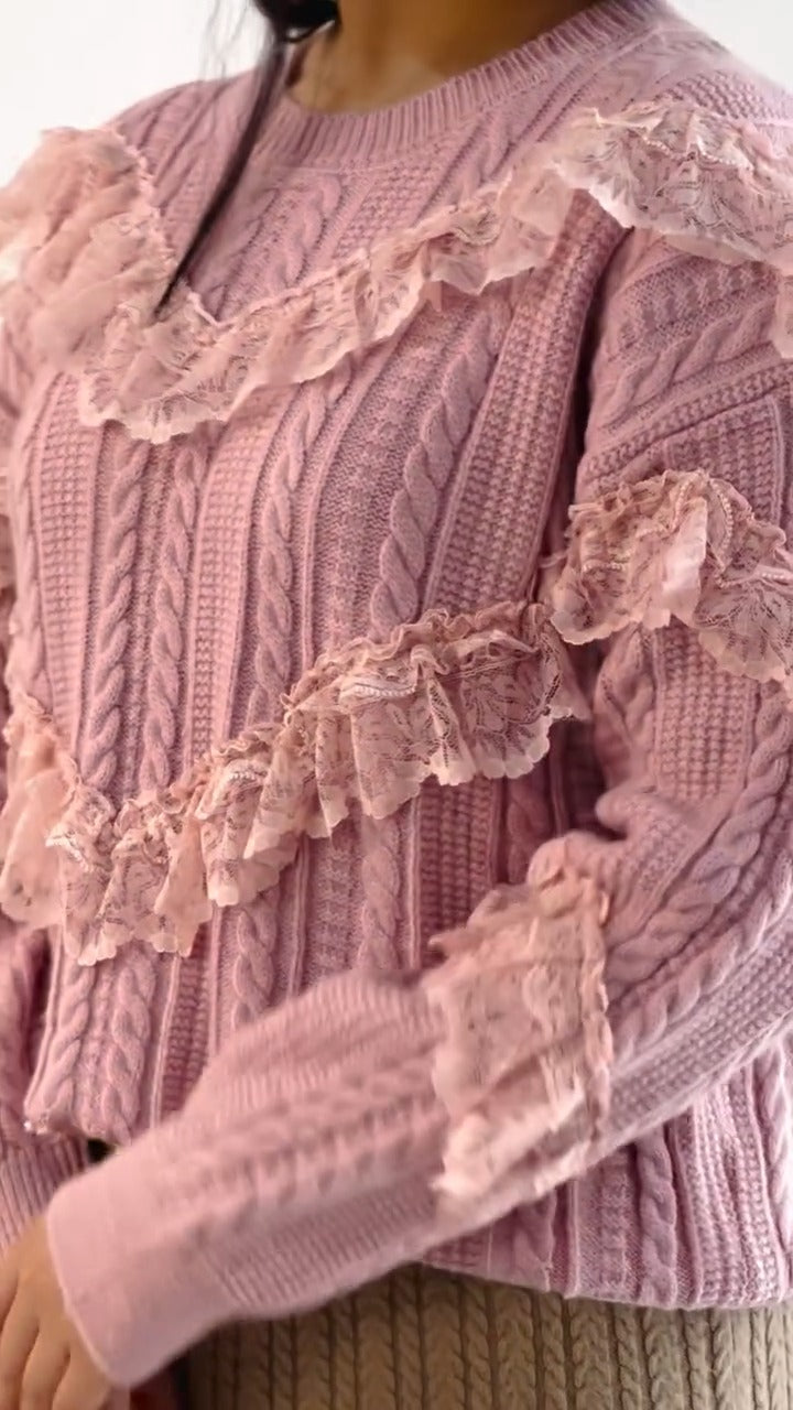 Knit Sweater With Lace Stripes