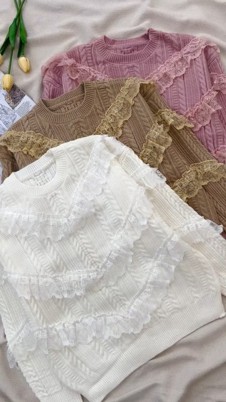 Knit Sweater With Lace Stripes