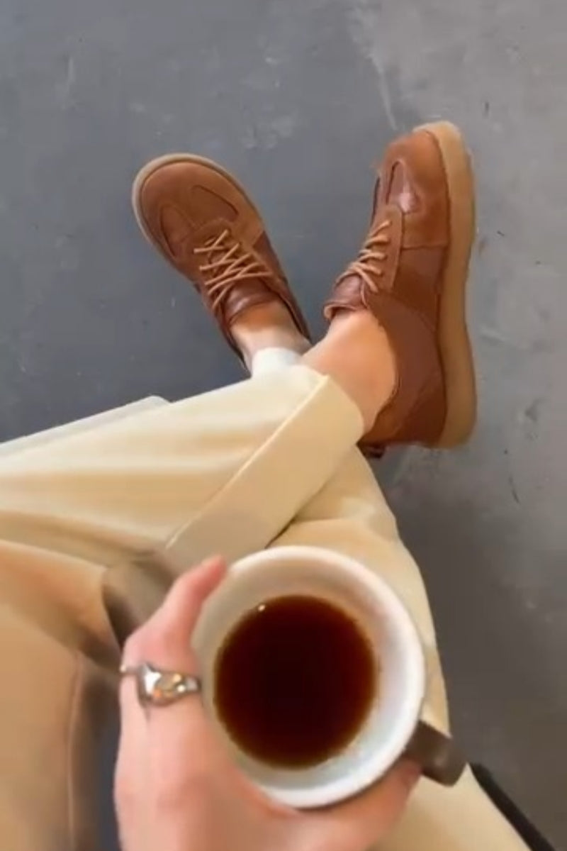 Tan Leather-Trim Sneakers