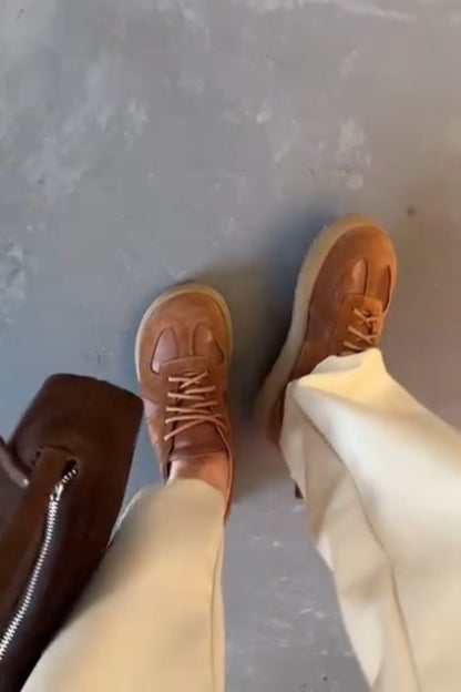 Tan Leather-Trim Sneakers