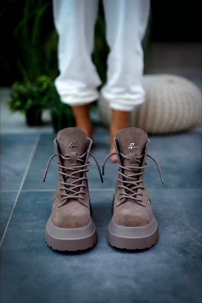 Taupe Leather-Trim Combat Boots