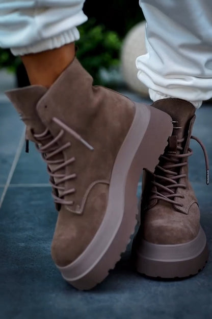 Taupe Leather-Trim Combat Boots