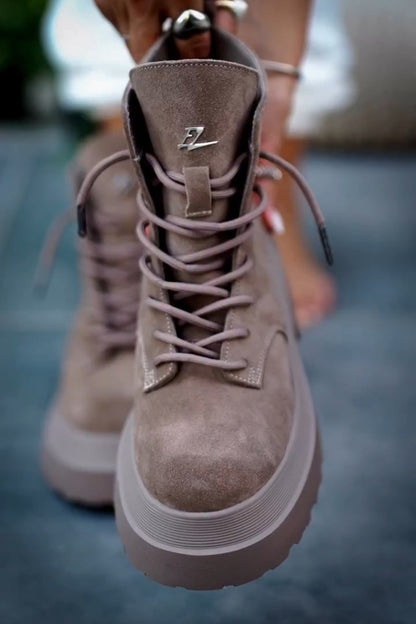 Taupe Leather-Trim Combat Boots