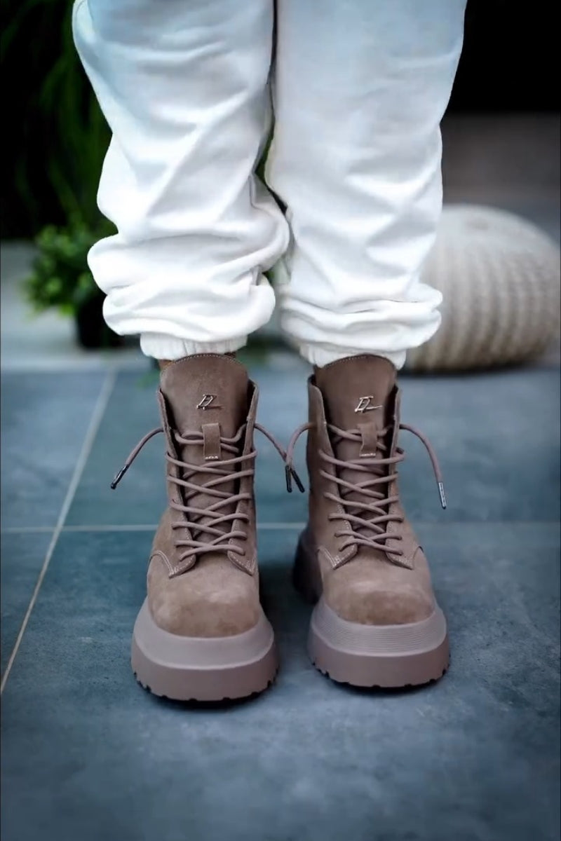 Taupe Leather-Trim Combat Boots
