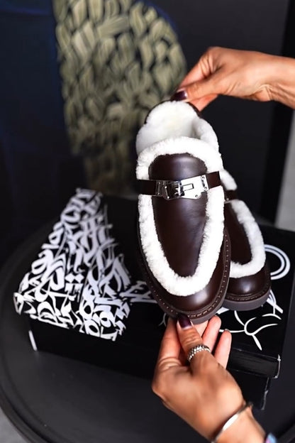 Brown Shearling-Lace Mules