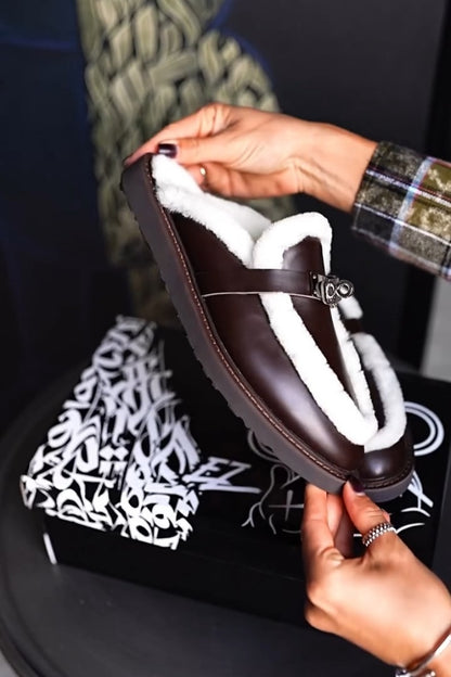 Brown Shearling-Lace Mules