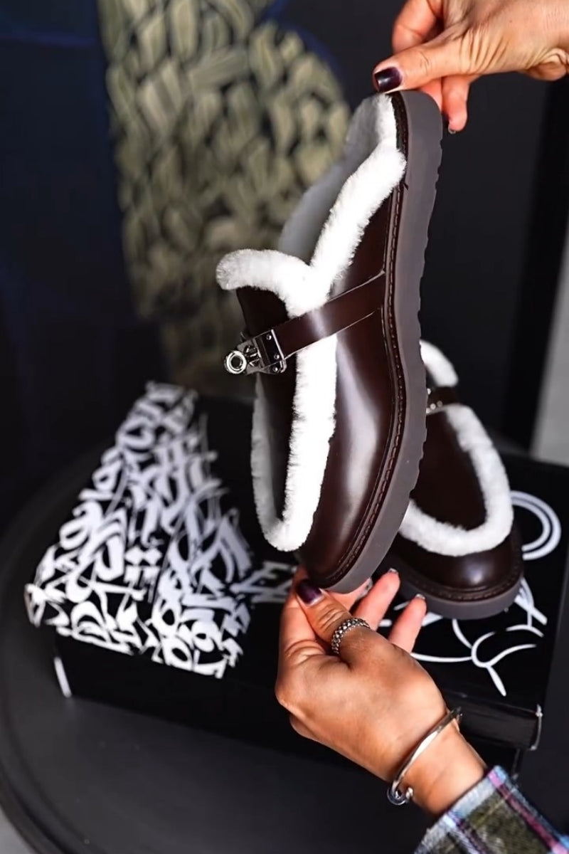 Brown Shearling-Lace Mules