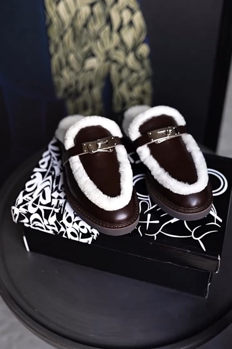 Brown Shearling-Lace Mules