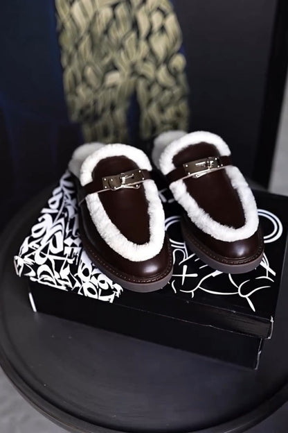 Brown Shearling-Lace Mules