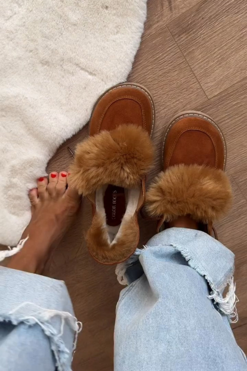 Fur-Trim Moccasin-Style Slippers