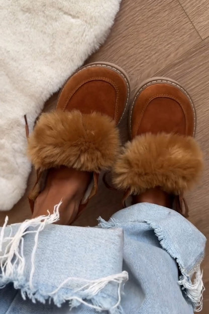 Fur-Trim Moccasin-Style Slippers