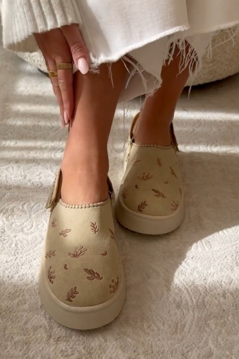 Embroidered Slip-On Shoer With Shearling Edge