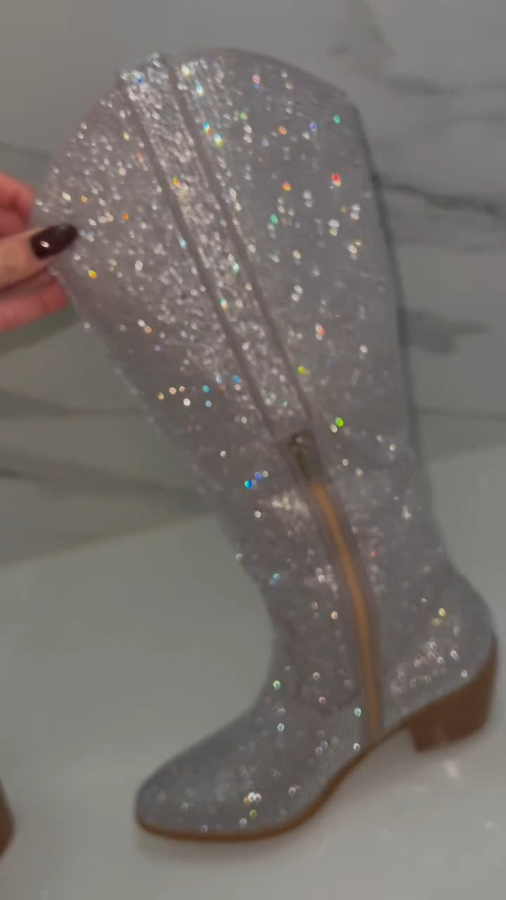 Glittery White Knee-High Boot With Zip