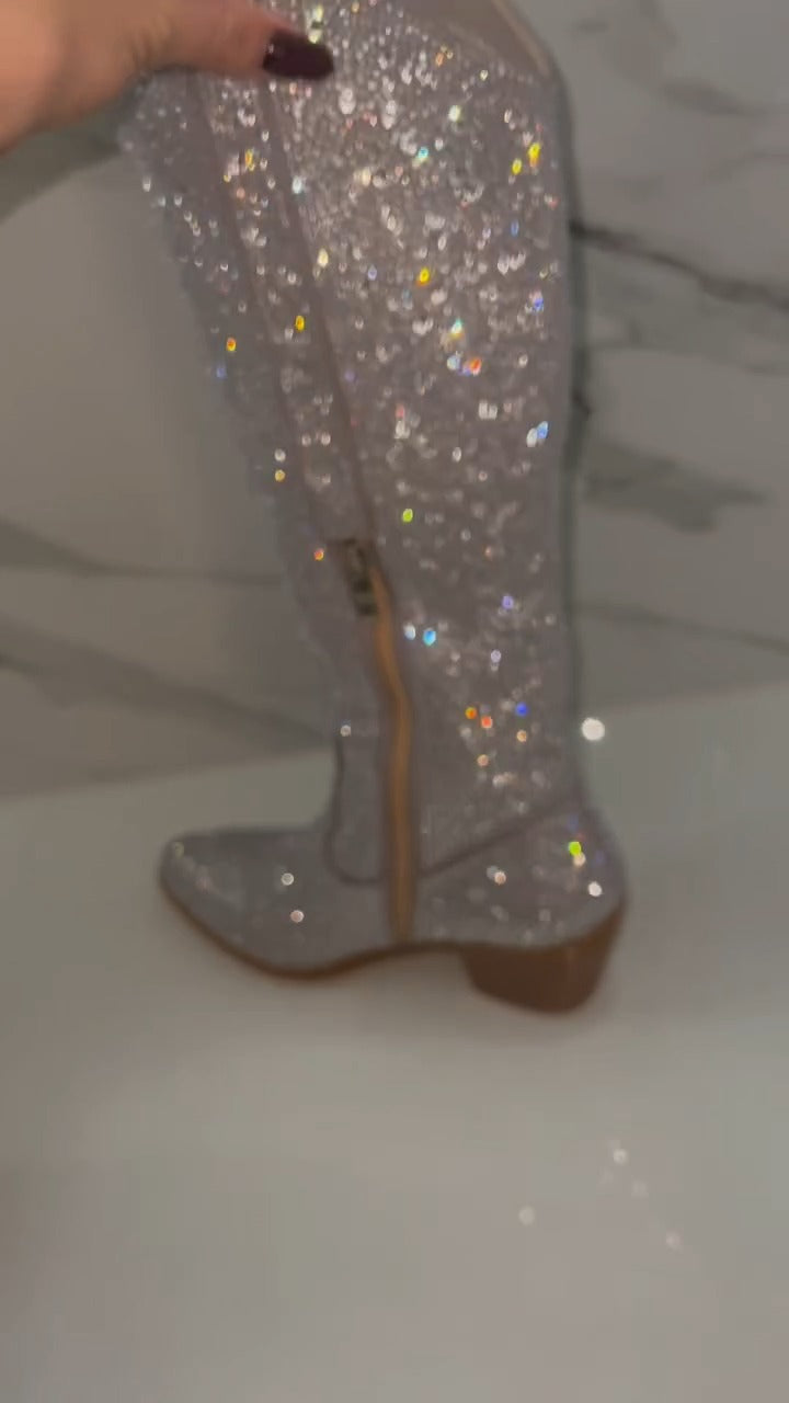 Glittery White Knee-High Boot With Zip