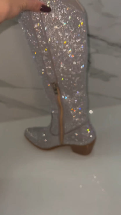 Glittery White Knee-High Boot With Zip