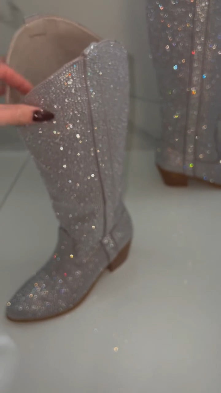 Glittery White Knee-High Boot With Zip