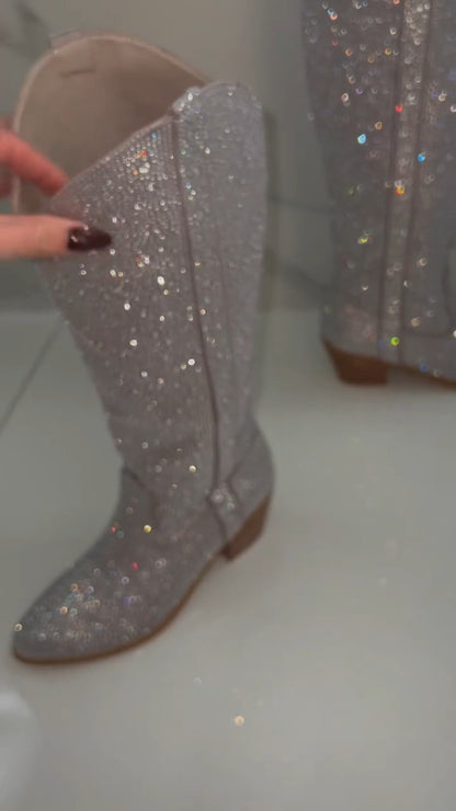 Glittery White Knee-High Boot With Zip