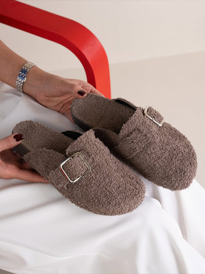 Fuzzy Felt Slippers With Buckle