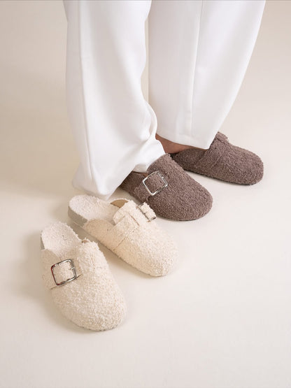 Fuzzy Felt Slippers With Buckle