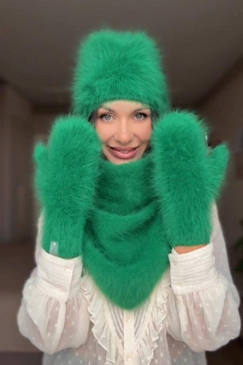 Green Fur Hat & Scarf &Gloves Set