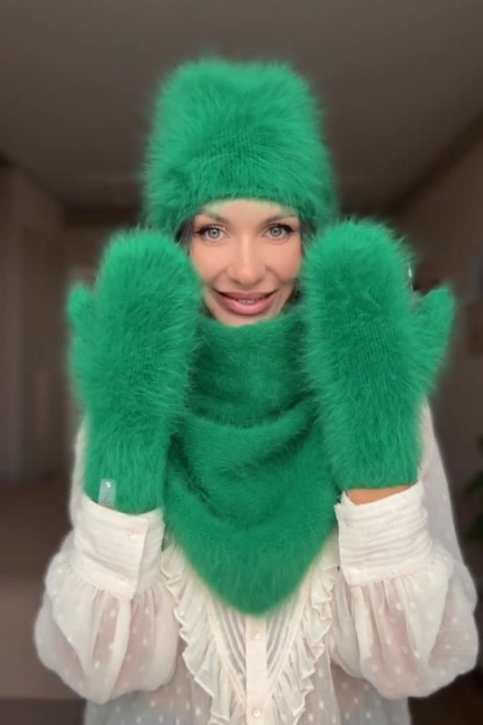 Green Fur Hat & Scarf &Gloves Set