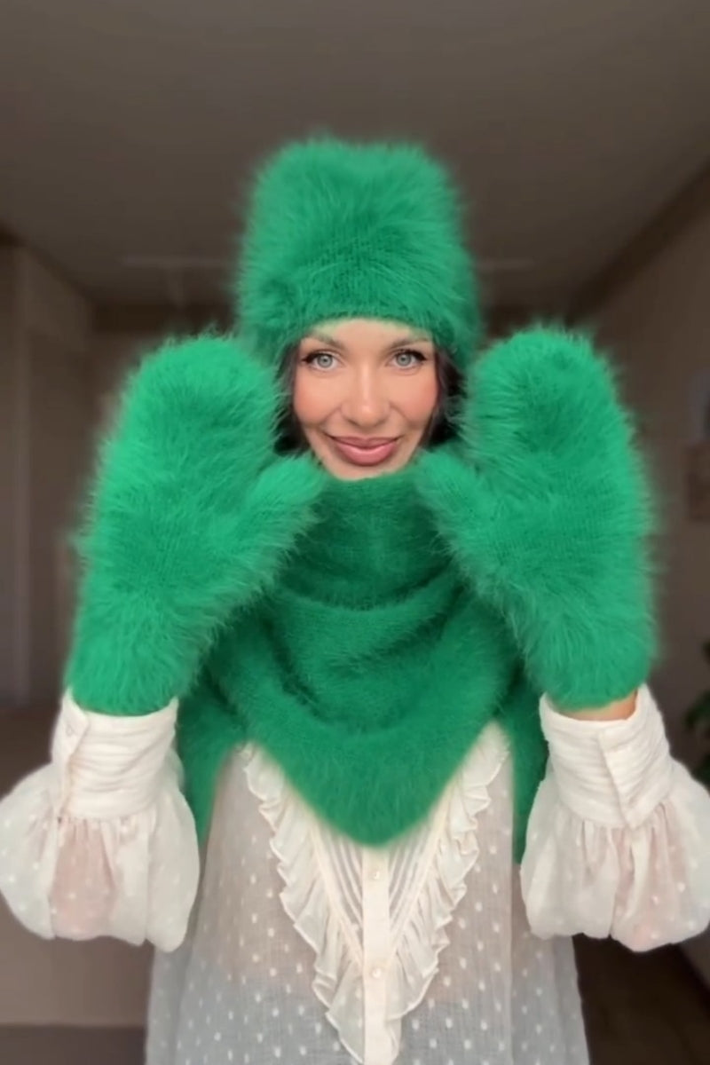 Green Fur Hat & Scarf &Gloves Set