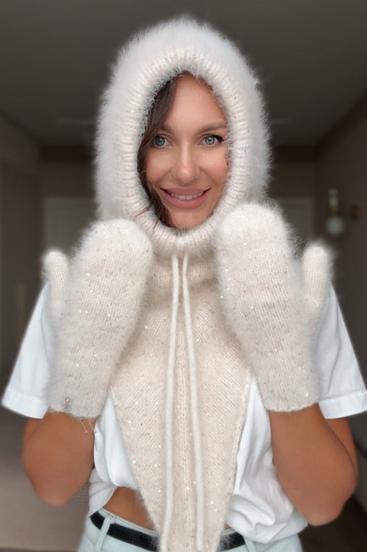 White Angora Hat & Mittens Set