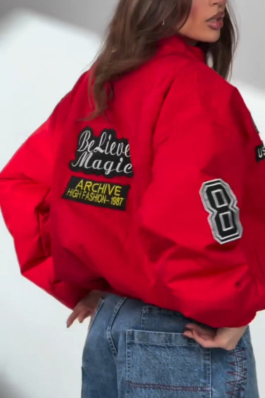 Red Racing Patch Bomber Jacket With Zip Front