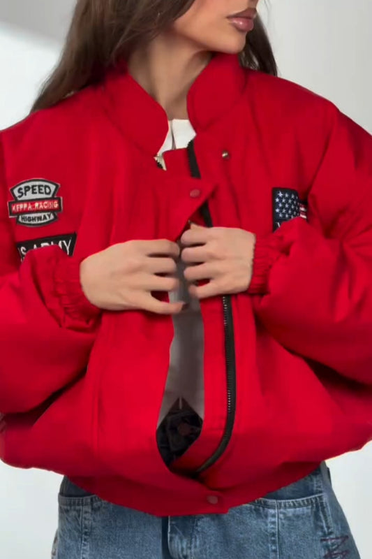 Red Racing Patch Bomber Jacket With Zip Front