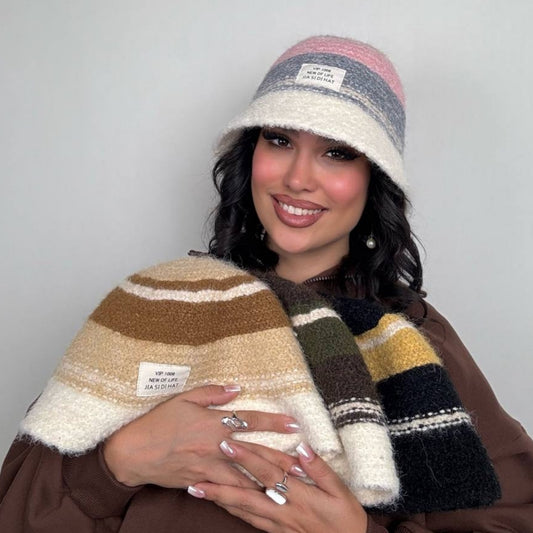 Striped Cozy Bucket Hat With Faux Fur Texture
