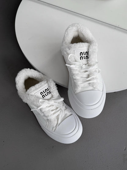 White Platform Sneakers With Faux Fur Trim