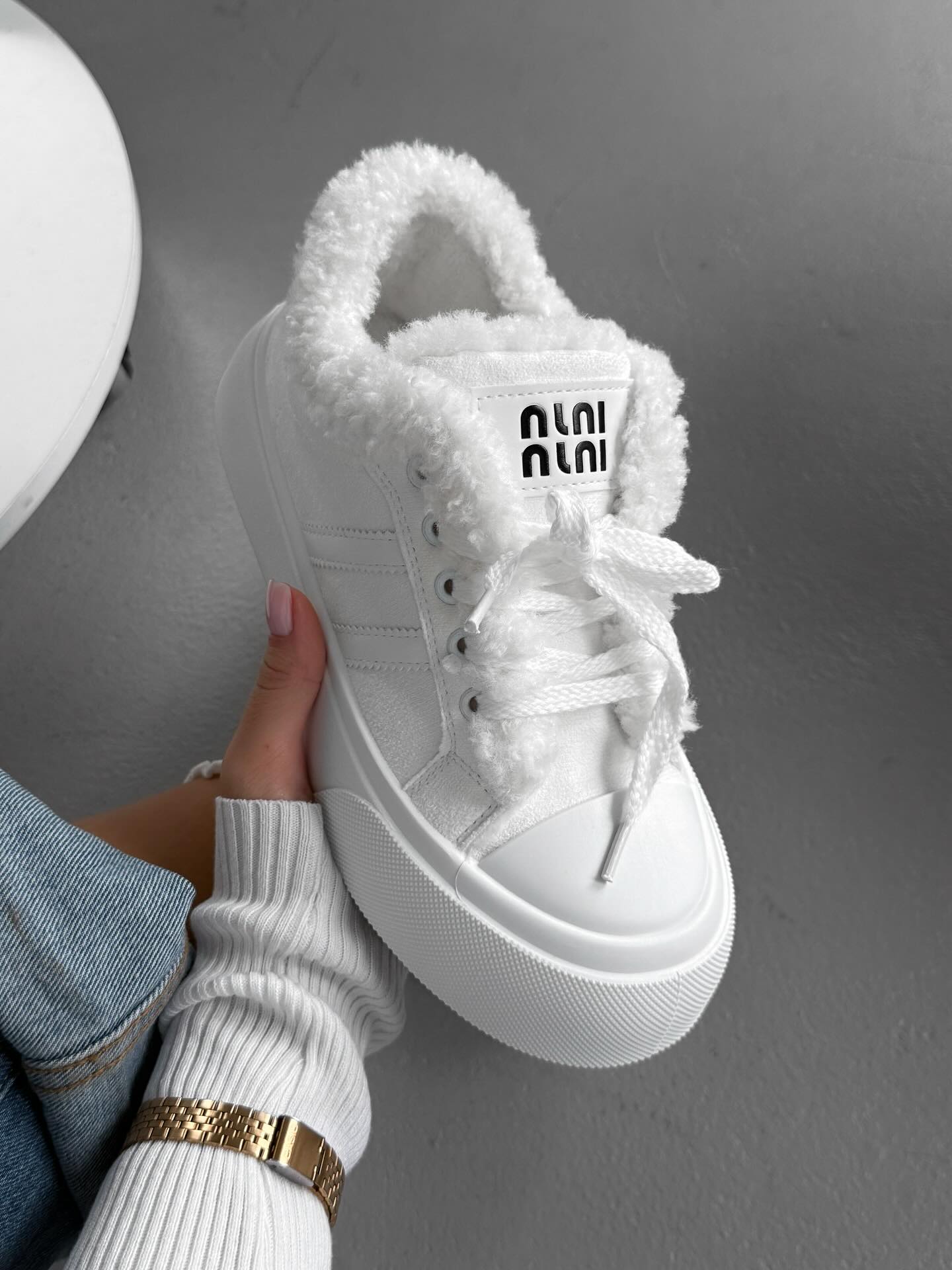 White Platform Sneakers With Faux Fur Trim