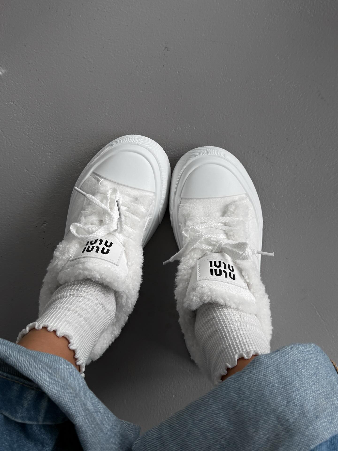 White Platform Sneakers With Faux Fur Trim