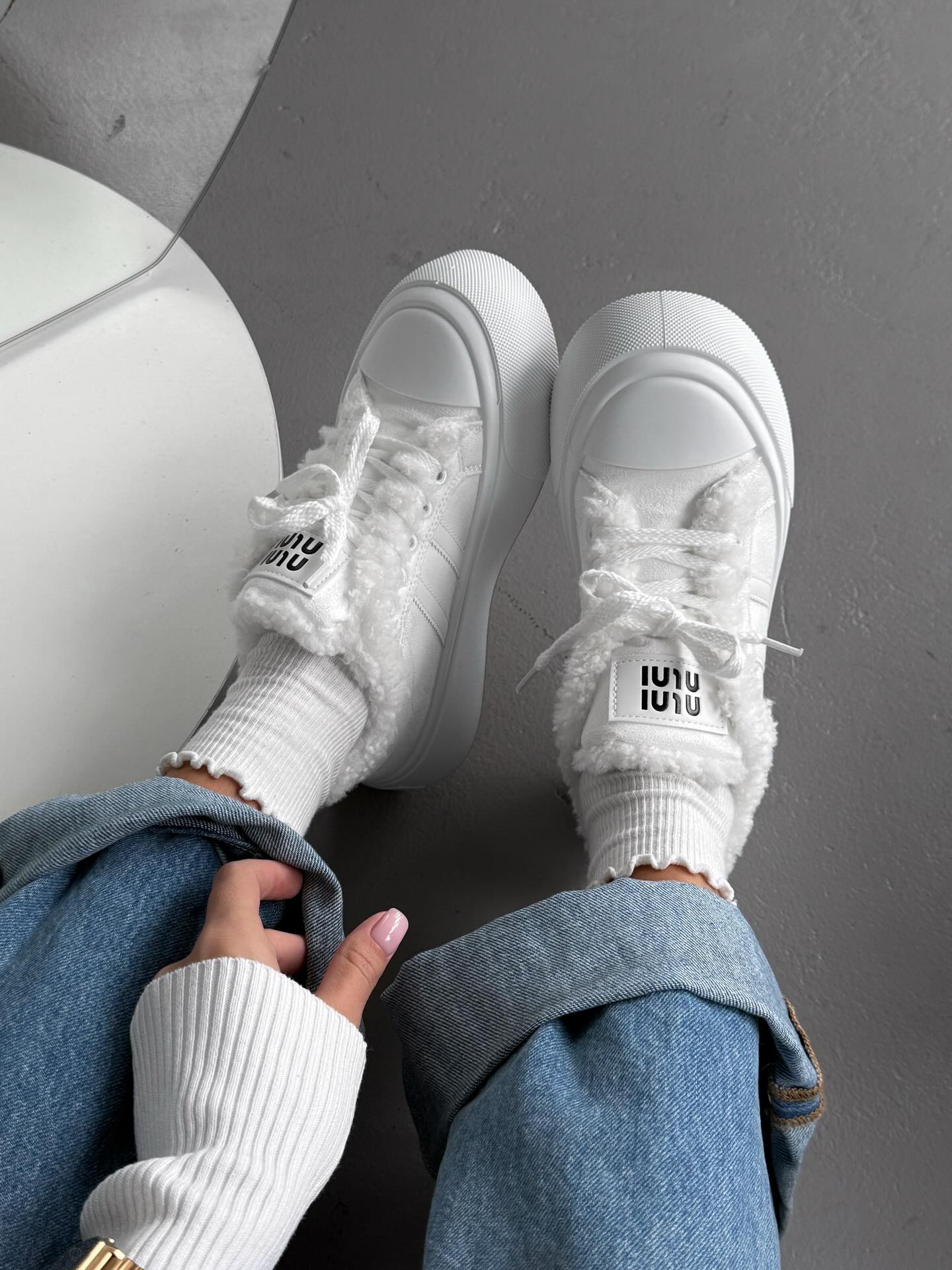 White Platform Sneakers With Faux Fur Trim
