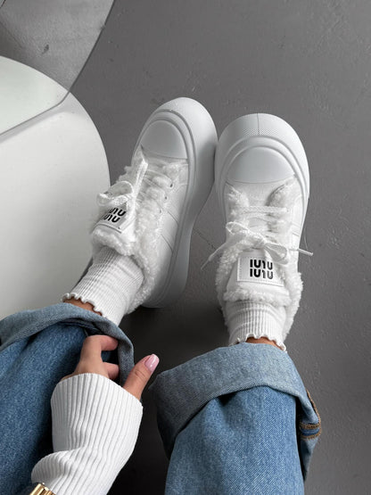White Platform Sneakers With Faux Fur Trim